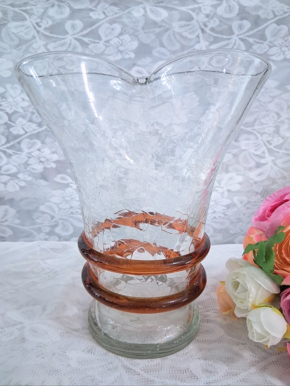 Vintage Blenko Double Ring Crackle Glass Vase Pinch MCM